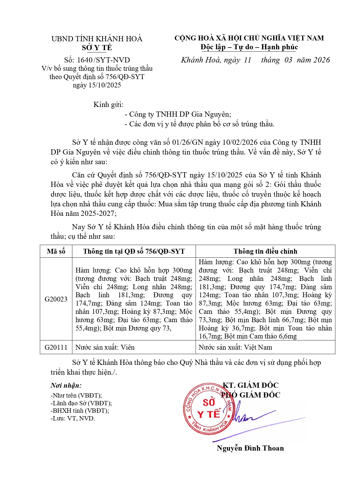 V/v bổ sung thông tin thuốc trúng thầu theo Quyết định số 756/QĐ-SYT ngày 15/10/2025